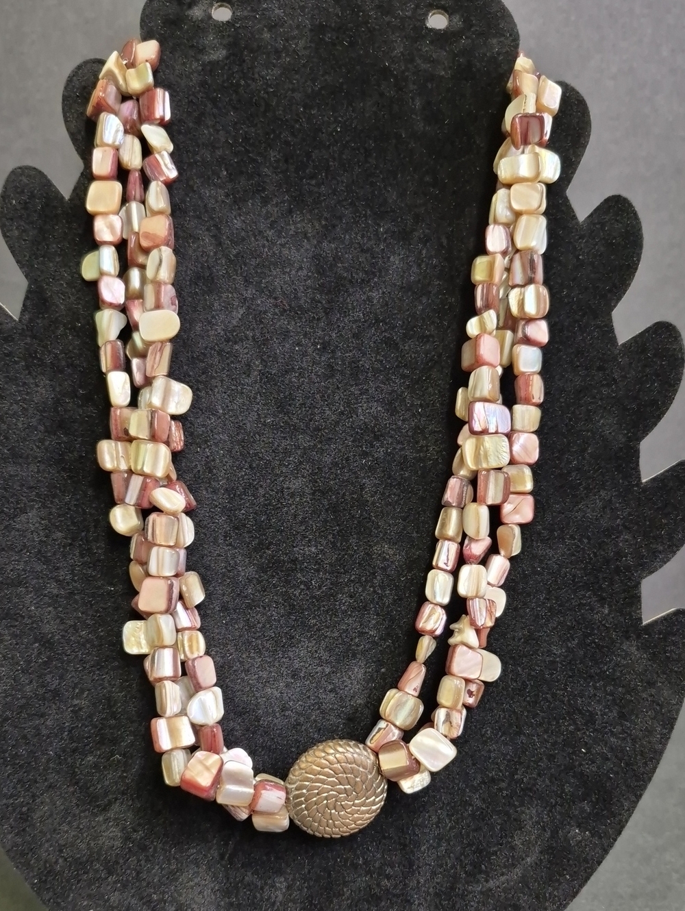 Multistrand Brown and Cream Pearlescent MOP Shell Necklace with Gold Clasp
